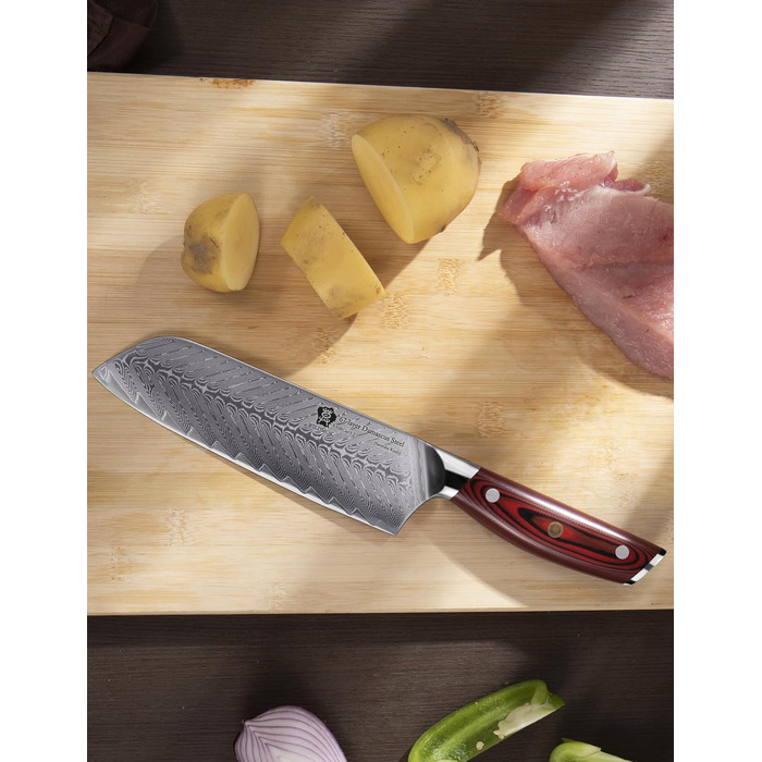 Японський ніж Santoku WILDMOK з дамаської сталі, 17.8 см, професійний для м'яса та овочів, VG10 сталь, Full Tang, G10 рукоятка, серія Song