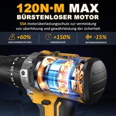 Акумуляторний ударний дриль-шуруповерт 21V - 120Nm безщітковий, комплект з 2 акумуляторами 4Ah, 20+3 ступені крутного моменту, патрон 13 мм, 2 швидкості, 35-елементний набір аксесуарів