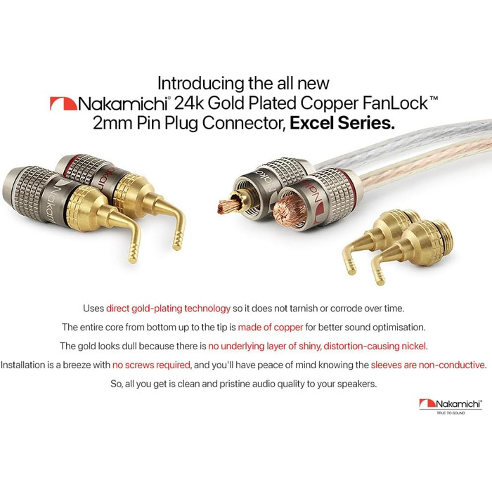 Бананові роз'єми Nakamichi FanLock Excel-Serie, 24K позолочені штекери 2мм для акустичних кабелів Hi-Fi, 10-18 AWG, 4мм, 4 шт (2 пари)
