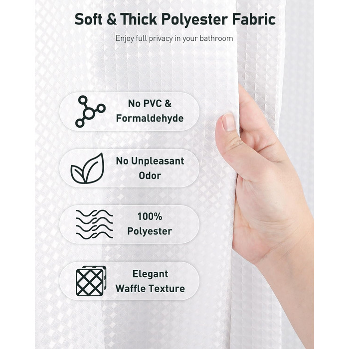 Шторка для душу Uniclife Біла, 180x180 см, вафельна текстура, водовідштовхувальна, 100% поліестер, з 12 нержавіючими люверсами, з 12 металевими гачками та обтяженим краєм, H183 x B183 см (1 шт.)