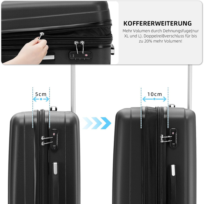 BEIBYE TSA Lock 2080 Twin Rollers 3-Piece Travel Suitcase Set Luggage Set Trolley Trolleys Hard Shell (Black)