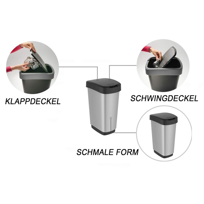 Відро для сміття Rotho Twist 50л з кришкою, чорне/срібне, BPA-free, PP пластик, 50 літрів