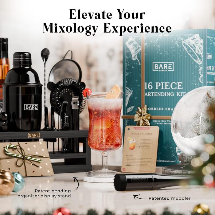 Набір бармена BARE BARREL® Mixology: 16 предметів для приготування коктейлів | Шейкер, барний аксесуар, інструменти для дому | 35 рецептів, подарунковий набір (680.4 г Cobbler Shaker, чорний)