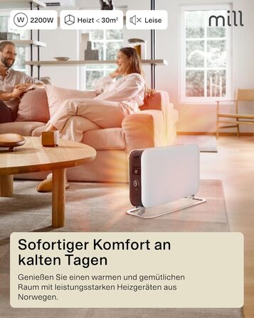 Електричний конвекторний обігрівач Mill MEC 2000W – 24-28 м², з термостатом, тихий, для дому, білий