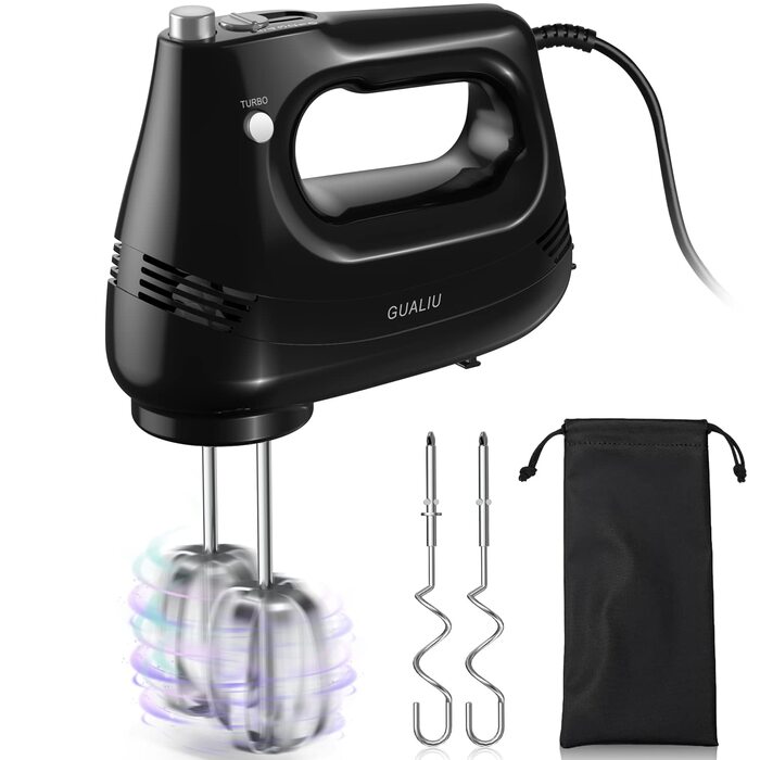 Електричний ручний міксер 300W з нержавіючої сталі, вінчики та гаки для тіста, 5 швидкостей, Turbo Boost, для випічки, тортів, яєць, збивання, чорний