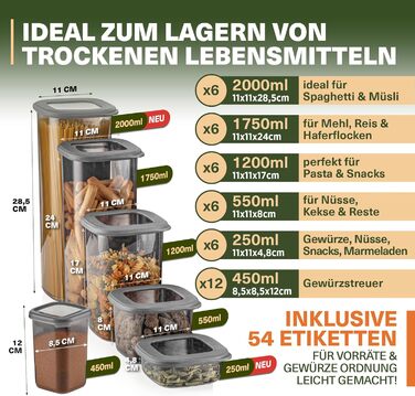 Набори контейнерів для зберігання продуктів з кришкою, 12 шт. BPA-Free, для крупи, борошна, спецій. Практичні органайзери для кухні, герметичні контейнери для харчових продуктів (сірий, 42 шт.)