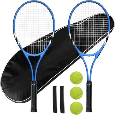 Beginner Tennis Racquet Set for 2 Players - Pre-Strung 27 Inch Adult Racquets with Balls, Overgrips & Carry Bag