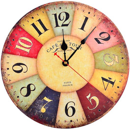 YOAI Wall Clock Kitchen Clock Vintage Shabby CHIC Antique Nostalgic Rustic MDF Quartz Clock with Silent Movement, 12 inch/30CM Ø (Light Brown)