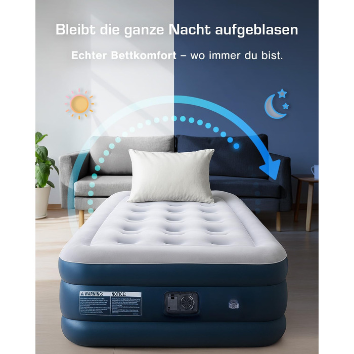 Активна Ера Преміум Надувний Матрац для Сну 1 Особа з Електричною Помпою та Вбудованим Подушкою, 99x188x36.5 см - для кемпінгу та гостей