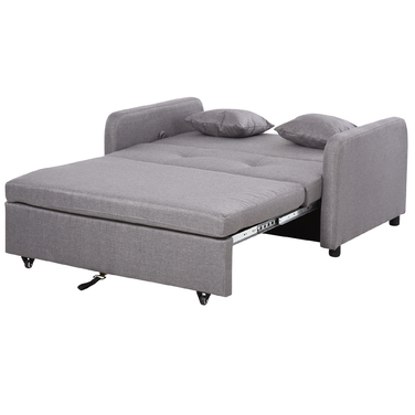 HOMCOM Sleeper Sofa, Sleeper Couch with Storage, Throw Pillows, Armrests, 2-Seater Sofa Bed with Sleeping Function, Linen Look, Upholstered Couch with Wheels for Living Room, Bedroom, Grey | Aosom
