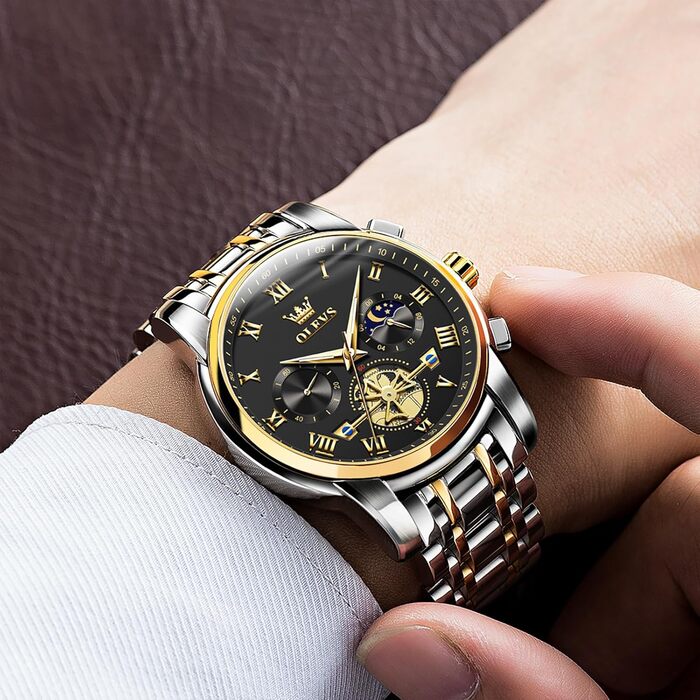 Годинник чоловічий OLEVS з металевим ремінцем, кварцовий, з місячною фазою, хронограф, водонепроникний (2859 Чорний / Двоколірний)