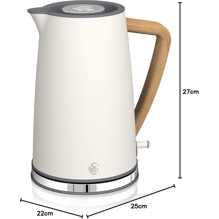 Swan Nordic Ultra Fast Electric Kettle - Wireless, Modern Design, 1.7L, 2200W, Wood-Look Handle, Auto Shut-Off, White - Single Serve