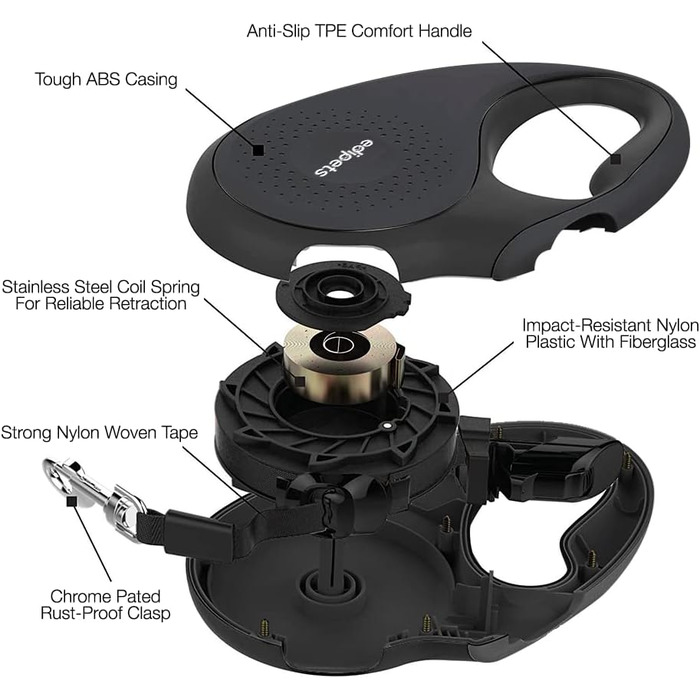 Hundeleine Edipets висувна, 5 м, нейлон, 360°, для собак малого, середнього та великого розміру (Чорний, M)