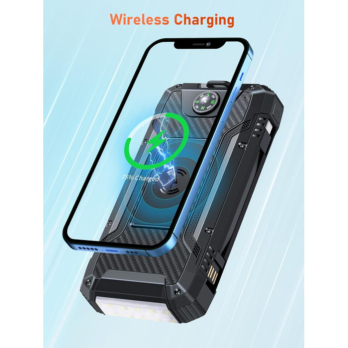 Портативний зарядний акумулятор Solar Powerbank 49800mAh з сонячною панеллю, PD 30W, USB-C, бездротова зарядка 15W, LED-індикатор, ліхтарик, 4 виходи, 2 входи, чорний