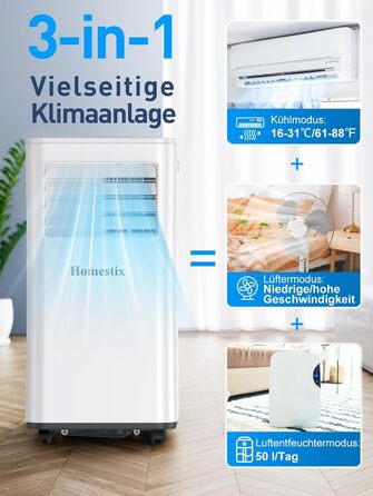 Мобільний кондиціонер Klimaanlage 7000 BTU з 4 функціями: охолодження, осушення, вентиляція, таймер, цифровий дисплей, охолоджувальна площа до 68 м³