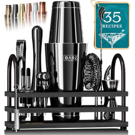 Bare Barrel® Cocktail Shaker Set - 14 Piece Mixology Bar Kit with Boston Shaker, Martini Accessories & Recipe Cards - Home Bartender Set