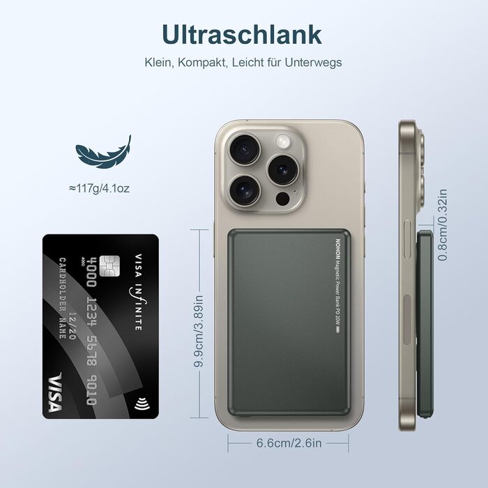 Power Bank NOHON Mag-Safe 5000mAh: Бездротовий акумулятор з магнітним кріпленням, 20W, USB-C, для iPhone 17/16/15/14/13/12 Pro/Pro Max (Грашко-чорний)