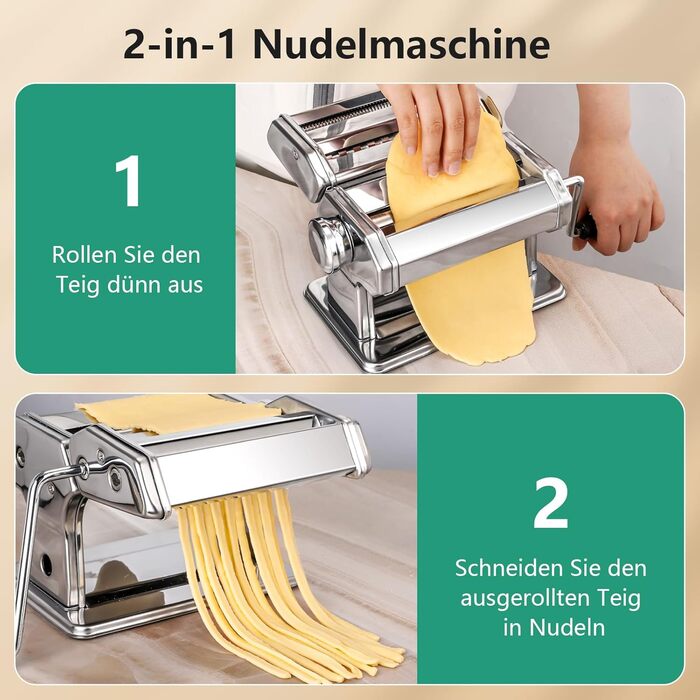 Manual Pasta Machine, Stainless Steel Pastamaker with Two Widths, Stainless Steel Roller and Cutter with 7 Adjustable Settings for Noodles, Spaghetti, Fettuccine, Lasagna
