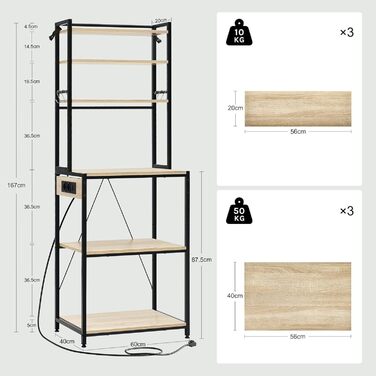 Кухонна полиця WOLTU з 6 ярусами, з розетками, для мікрохвильової печі, з металевим каркасом, регульовані полиці, Чорний+Рустикальний коричневий, 60 x 167 x 40 см