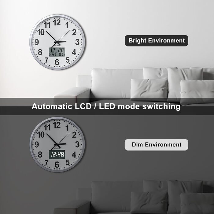 KWANWA Modern Wall Clock with No Ticking Sound • Digital LCD/LED Display • Calendar & Temperature • Battery Powered • 30.5cm • 12h Format, Perfect for Kitchen, Bedroom & Office (Silver-White LED)