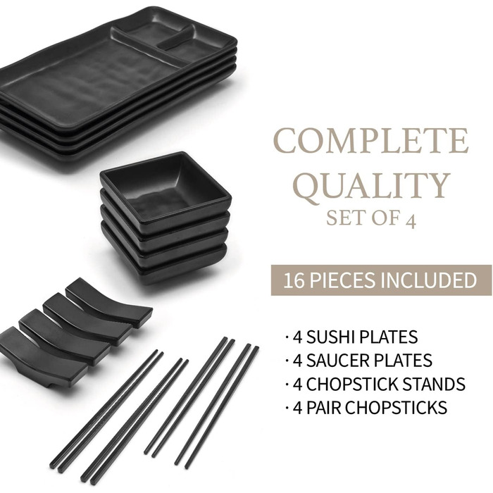 Японський набір суші на 16 осіб – 4 тарілки, 4 мисочки для соусу, 4 пари паличок, 4 підставки – з меламіну, чорний