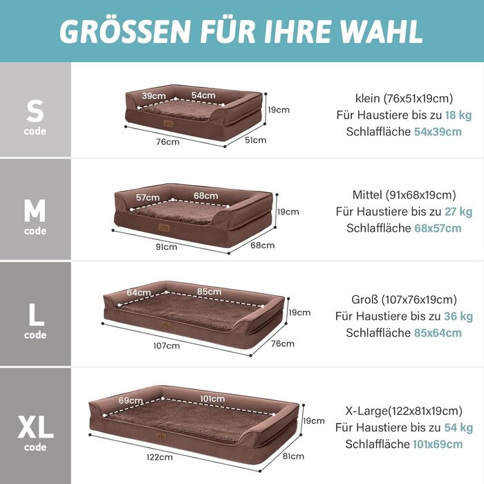 Ортопедичне ліжко для собак маленьких порід, водонепроникне диван-ліжко з бортиками, з підтримуючою піною, зручне ліжко для домашніх тварин з знімним, пральним чохлом, водонепроникний наповнювач, антиковзаюче покриття (107 x 76 x 19 см, Колір: Коричневий)