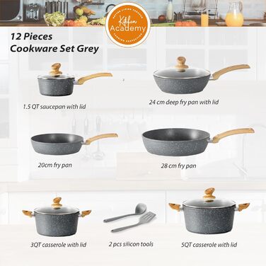 Набір каструль і сковорідок Kitchen Academy 12 предметів, антипригарне покриття, з кришками, для індукції, газу та мікрохвильовки, сірий