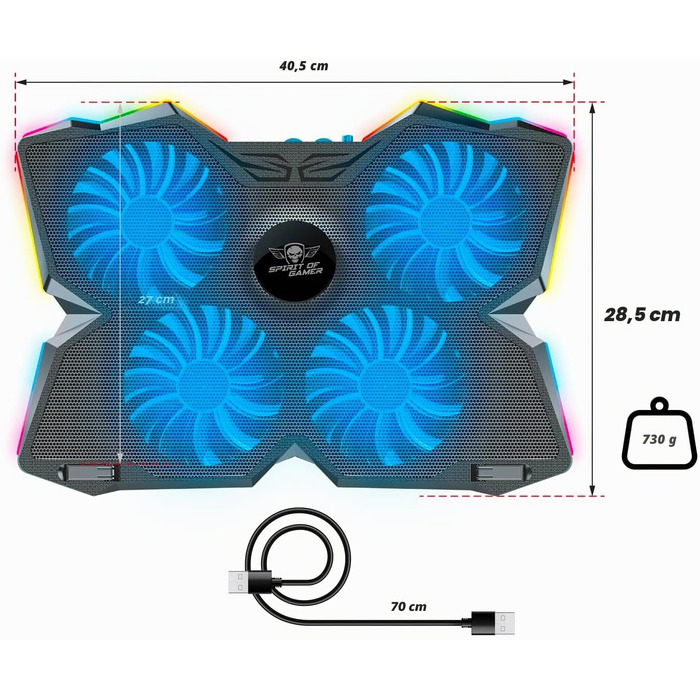 Охолоджувач для ноутбука Spirit of Gamer AIRBLADE 500 (10-17 дюймів), 4 тихі вентилятори, RGB підсвічування, сумісний з PC, PS5, PS4, Xbox
