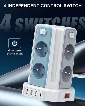 Многорозетка Sameriver з 4 USB, 8 розеток, захистом від перенапруги, вимикачем, 2м, білий