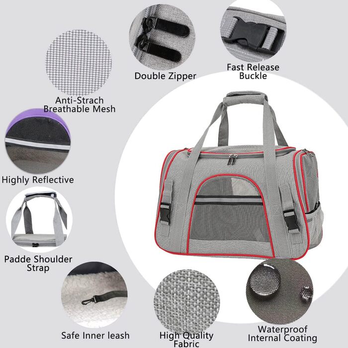 Транспортна переноска для собак та котів, складна, з регульованою ручкою та знімною плюшевою підстилкою (сіро-червона)