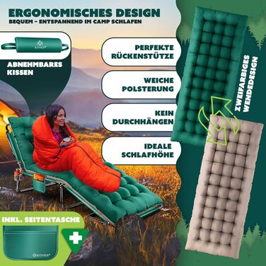 Ліжко похідне KESSER® складане з преміум-подушкою 190x68x30 см, до 250 кг, зелено-бежеве. З кишенею, підсклянником, для кемпінгу, гостей, в приміщенні/на вулиці