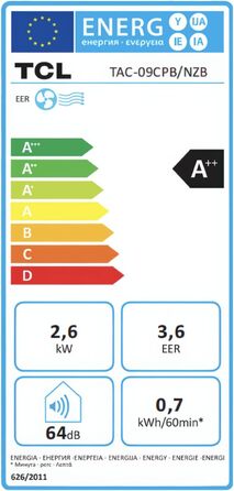 Тренажер TCL 9000 BTU (2,6kW) TAC-09CPB/NZB 3-в-1: охолодження, вентиляція, осушення. Тиха робота, таймер, нічний режим, пульт ДК. Для вітальні, офісу, спальні. Чорний колір.