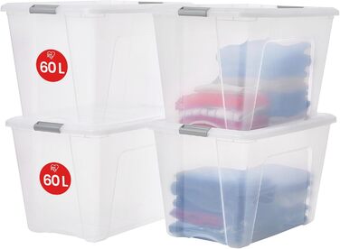Iris Ohyama Storage Boxes with Lids, 60L, Set of 4, Silver, Secure Closure, Stackable, Handles, for Bedroom, Closet, Office, Organization, BPA-Free Plastic, Storage Boxes, NTB-60