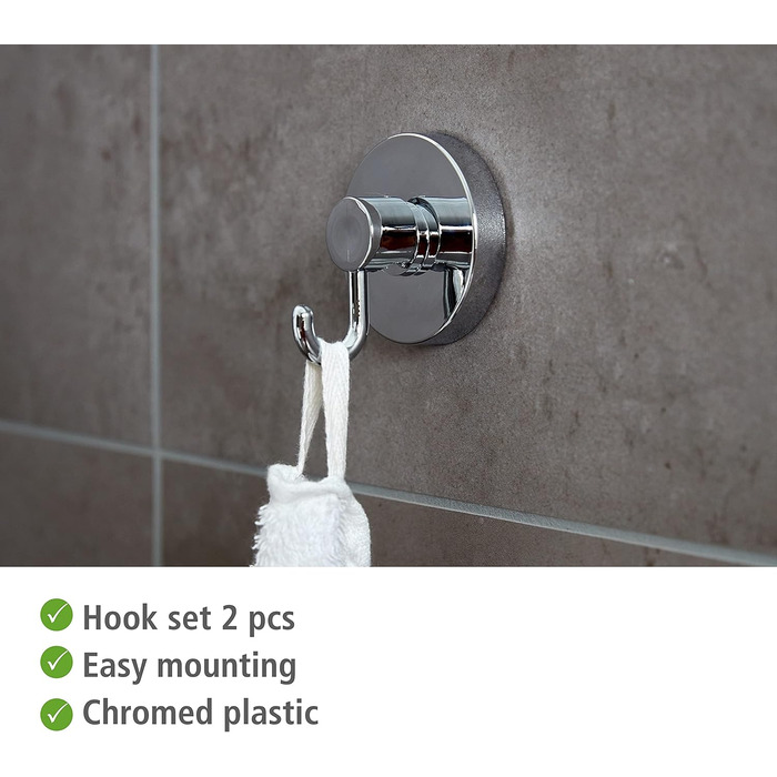 WENKO Vacuum-Loc® Bathroom Wall Shelf Quadro Maxi, no drilling required, with 2 tiers, 38.5 x 8.5 x 14.5 cm & Vacuum-Loc® Wall Hooks, set of 2, towel hooks, each 6 x 6.7 x 5 cm