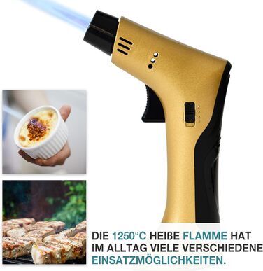Набір кулінарного пальника TOM Jetflame (Золотий) з балоном бутану: професійний газовий пальник з замком безпеки для кухні, кемпінгу та майстерні, багаторазовий