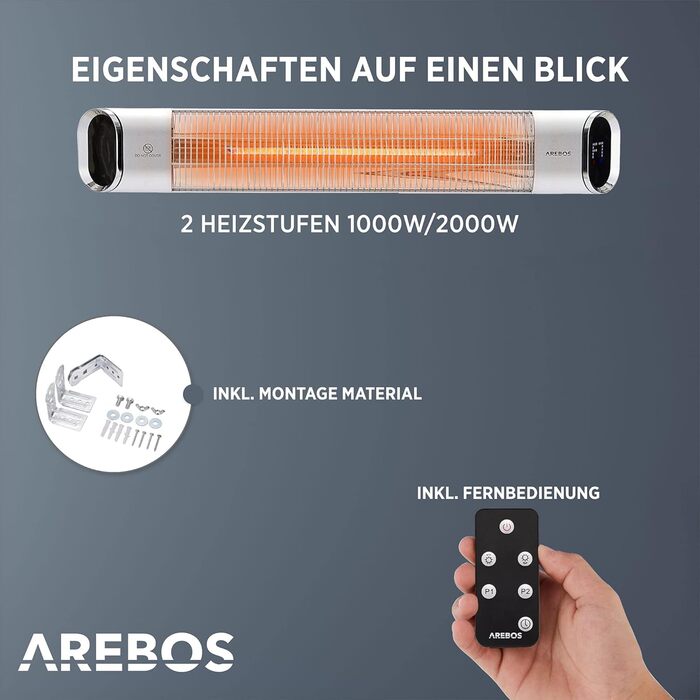 Інфрачервовий обігрівач Arebos 2000W з пульт дистанційного керування | 2 режими нагріву | кут нахилу 60° | комплект кріплення | обігрівач для тераси, даху, стелі | срібляний