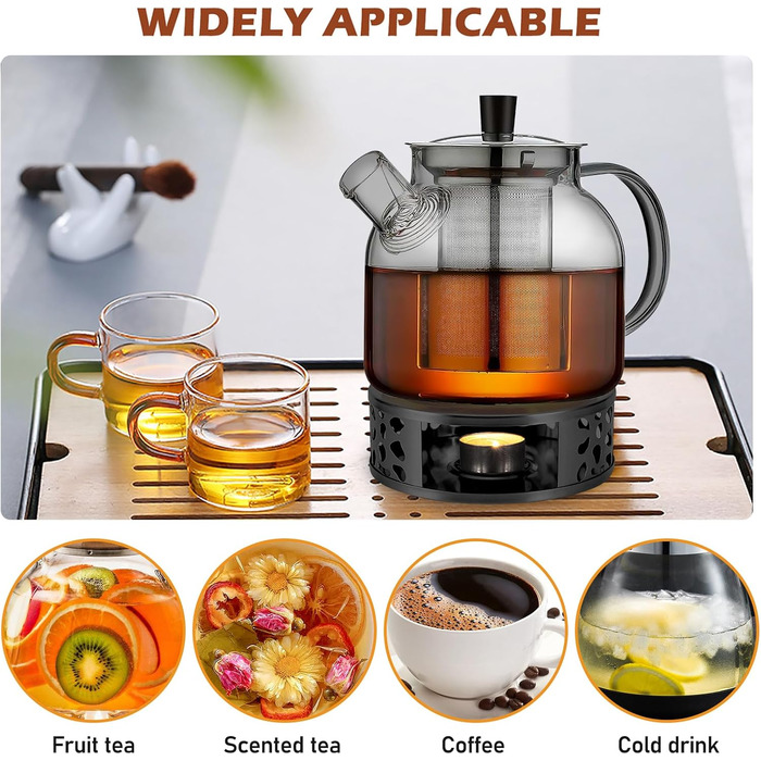Скляний чайник для заварювання чаю 1500 мл з ситечком та підставкою-підігрівачем із нержавіючої сталі