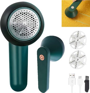 Електричний видальник ворсу Fusselrasierer: тест-переможець з 6-лезовою голкою, USB, для одягу та меблів (зелений)