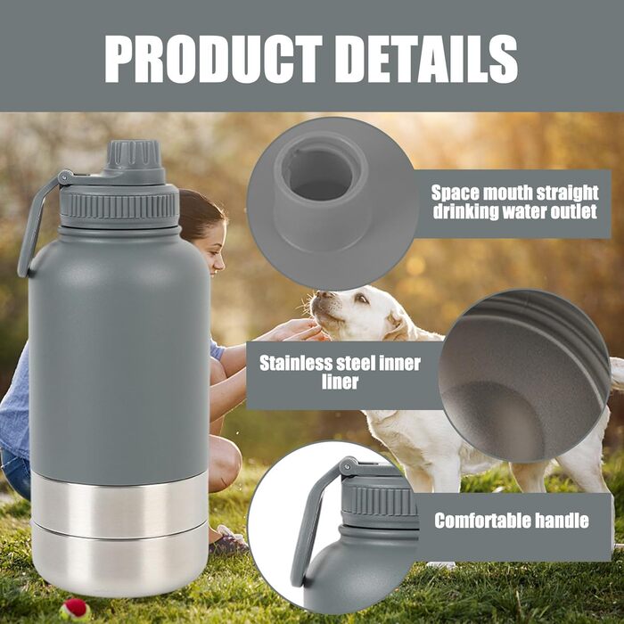 Портативна собача пляшка для води з мискою 950 мл – ізольована сталева фляга для собак, BPA-free для подорожей та прогулянок (Сірий, L)