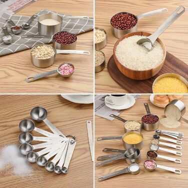 Stainless Steel Measuring Cups and Spoons Set, 8 Piece Measuring Cups, 9 Piece Spoons, 1 Leveler, 1 Conversion Chart for Stainless Steel Measuring Cups, 18/8 (304)