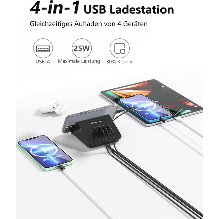 Багатопортова USB зарядка POANES 25W, 4 порти для iPhone, Samsung, LG, Huawei та інших (чорний)