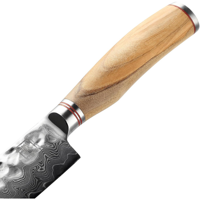 Японський ніж Santoku Zayiko Minami Premium з 12 см лезом з дамаської сталі 67 шарів, ручка з оливкового дерева, дерев'яна коробка. Кухонний ніж для професіоналів та дому без гравіювання