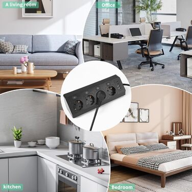 Багатофункціональна мережева розетка на кут 4-портова з USB та Type-C, захист від перенапруги, 2м кабель, для дому, білого/чорного кольору