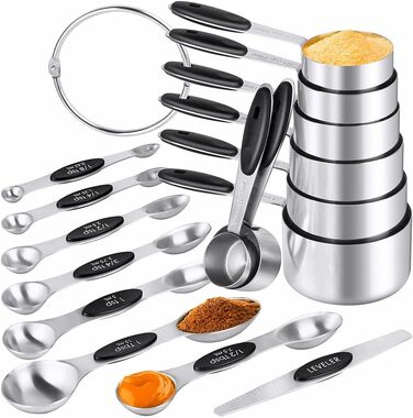 Measuring Cup and Spoon Set, 16 Pieces, Stainless Steel, 8 Nesting Measuring Cups and 7 Double-Sided Magnetic Measuring Spoon Set and 1 Leveler for Dry and Liquid Ingredients