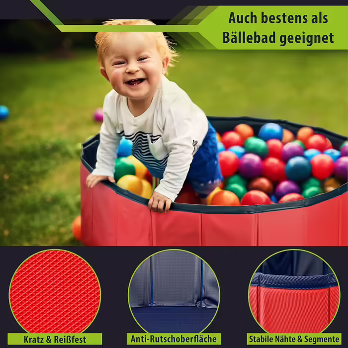 Stable Dog Pool | Splash Pool for Dogs | Foldable Pool with Drain Valve | Non-Slip Bathtub | Ball Pit for Kids | Ball Bath including Bath Brush & Repair Kit - Dog Pool 100x30 (Red)