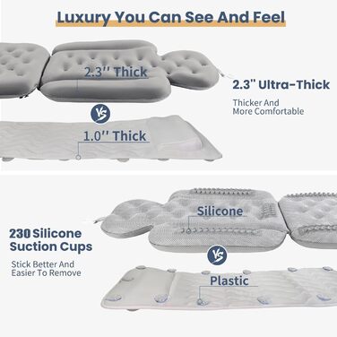 Full Body Bathtub Pillow with 160 Suction Cups - Head & Neck Support Bath Mat with Laundry Bag (Dark Grey, 130 x 41 cm / 51.2' x 16.2')