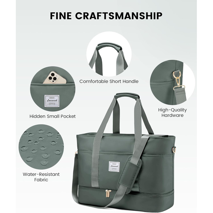 Сумка-трансформер LOVEVOOK для жінок: водонепроникна дорожня сумка, містка для подорожей, з відділенням для взуття, ідеальна для пологового будинку, ручної поклажі, сауни, спортзалу, 52L, сіра