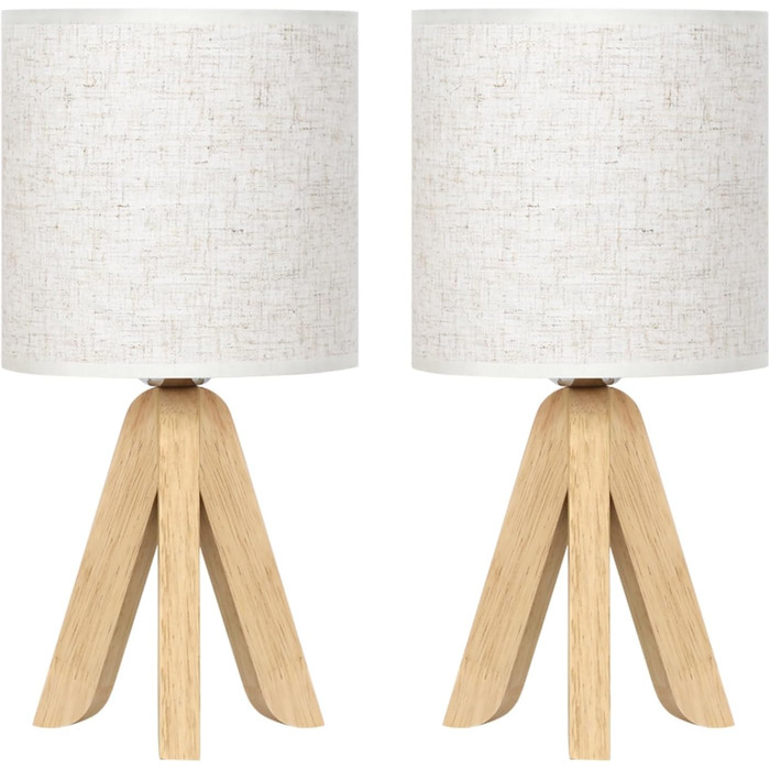 Настільна лампа LIANTRAL 2 шт., Сучасна лампа на ніжці, з абажуром з льону та дерев'яним каркасом, E27, для спальні, вітальні, гуртожитку, кремового кольору