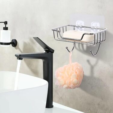 Тримач для мила без свердління Uten, нержавіюча сталь, самоклеючий, з 2 гачками, для мила та губки, для душу, ванної кімнати, кухні, сріблястий