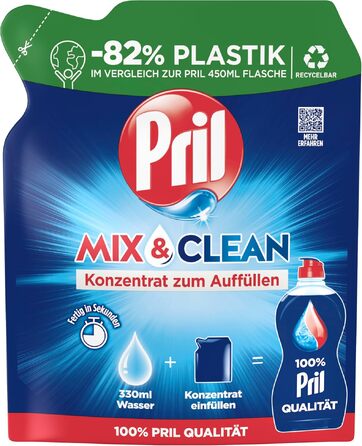 Концентрат для наповнення засобу для миття посуду PRIL Mix & Clean, висока розчинна здатність жиру, для холодної води, свіжий аромат, 9 x 120 мл